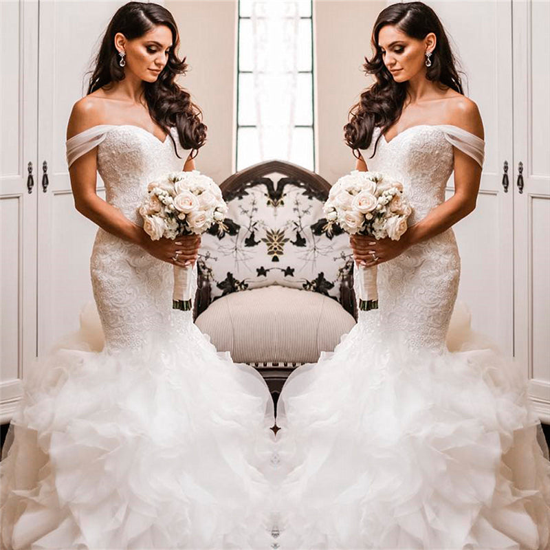 Off The Shoulder Puffy Ruffles Wedding Dresses | Sheath Tulle Sexy Lace Bridal Gowns