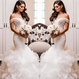 Off The Shoulder Puffy Ruffles Wedding Dresses | Sheath Tulle Sexy Lace Bridal Gowns