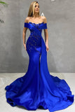 Off The Shoulder Royal Blue Beadings Satin Mermaid Prom Dresses