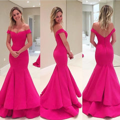 Off-The-Shoulder Short Sleeves Fuchsia Mermaid Prom Dresses