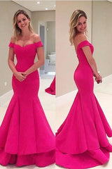 Off-The-Shoulder Short Sleeves Fuchsia Mermaid Prom Dresses