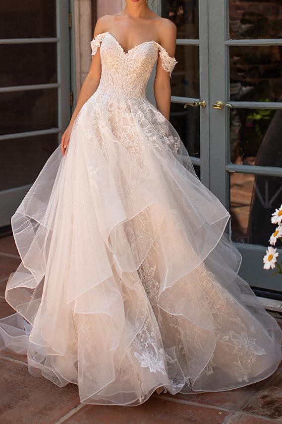 Off The Shoulder Tulle Appliques Ruffles Wedding Dresses Long
