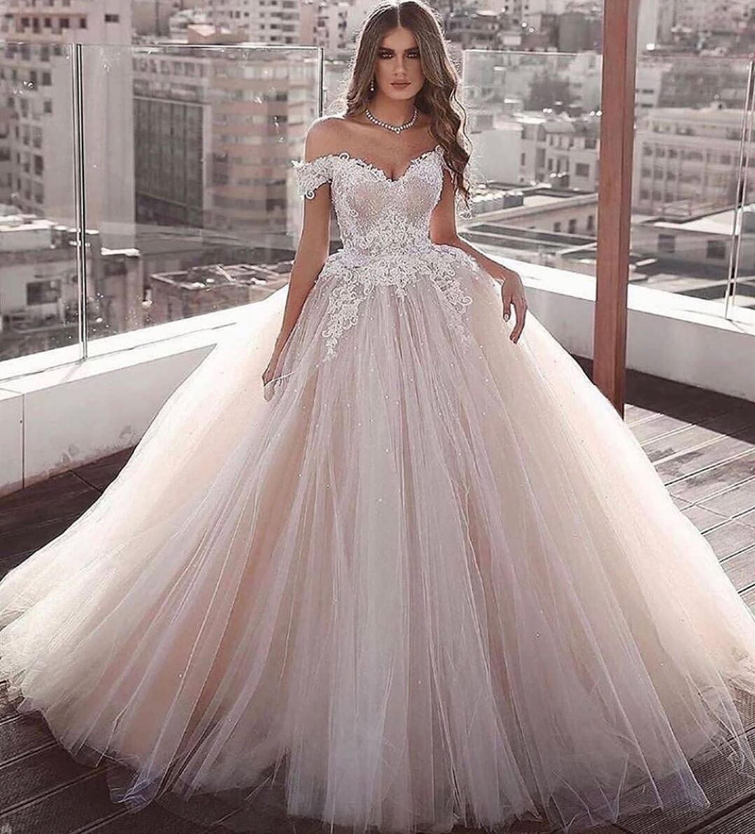 Off The Shoulder Tulle Ball Gown Wedding Dresses | Lace Appliques Champagne Pink Bridal Gowns | Suzhoufashion Off The Shoulder Tulle Ball Gown Wedding Dresses | Lace Appliques Champagne Pink Bridal Gowns | Suzhoufashion