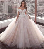 Off The Shoulder Tulle Ball Gown Wedding Dresses | Lace Appliques Champagne Pink Bridal Gowns