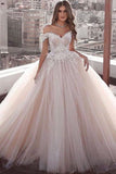 Off The Shoulder Tulle Ball Gown Wedding Dresses | Lace Appliques Champagne Pink Bridal Gowns