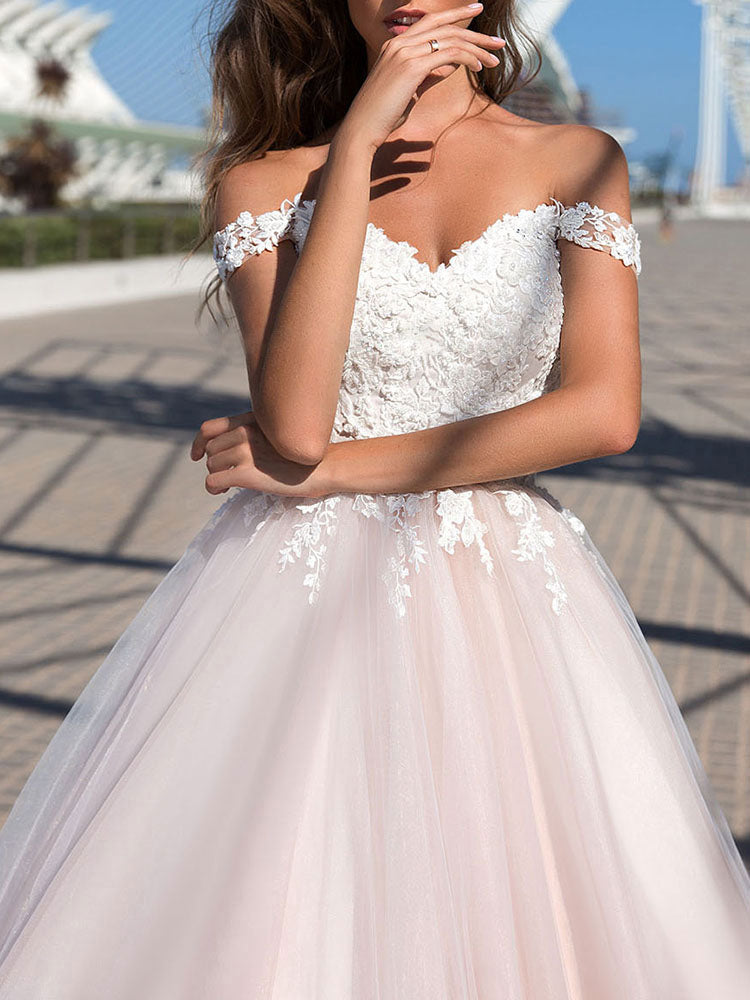 Off The Shoulder Tulle Lace Pearl Pink A-Line Wedding Dresses Long | Suzhoufashion Off The Shoulder Tulle Lace Pearl Pink A-Line Wedding Dresses Long | Suzhoufashion
