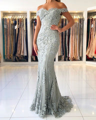 Off The Shoulder Tulle Light Mint Lace Appliques Mermaid Prom Dresses