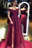 Off The Shoulder Tulle Ruby Sequins Side-Split A-Line Prom Dresses