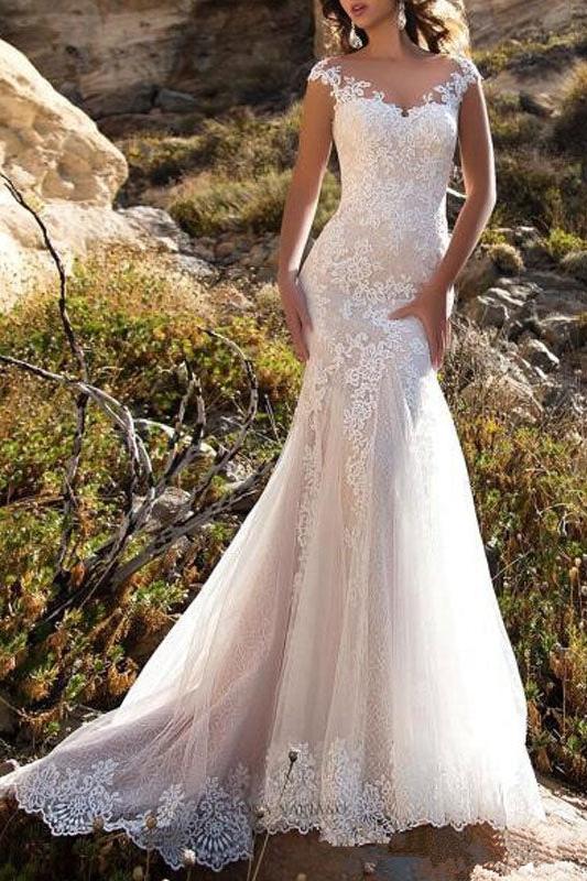 Off The Shoulder Tulle V Neck Lace Mermaid Beach Wedding Dresses