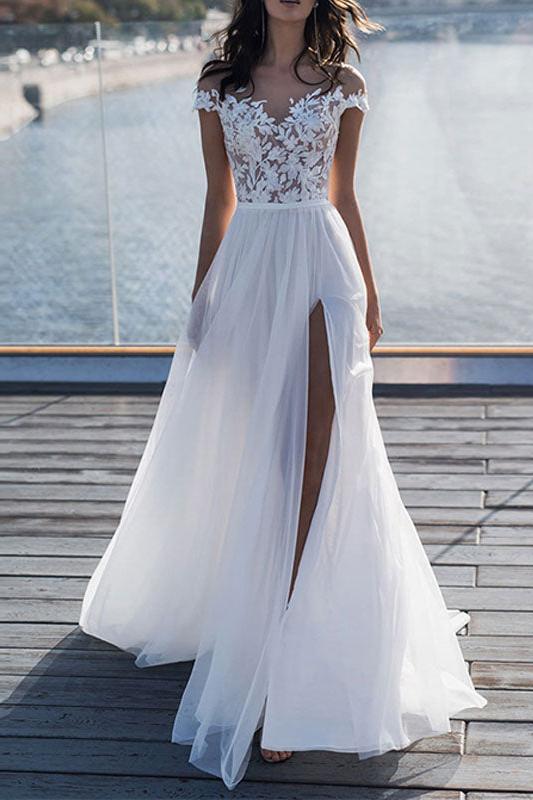 Off The Shoulder Tulle White Lace Split A-Line Beach Wedding Dresses