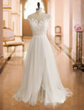Off The Shoulder Tulle White Lace Split A-Line Wedding Dresses