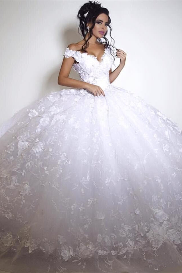 Off The Shoulder V-Neck Princess Wedding Dress Lace Appliques Ball Gown Bride Dress BA3053