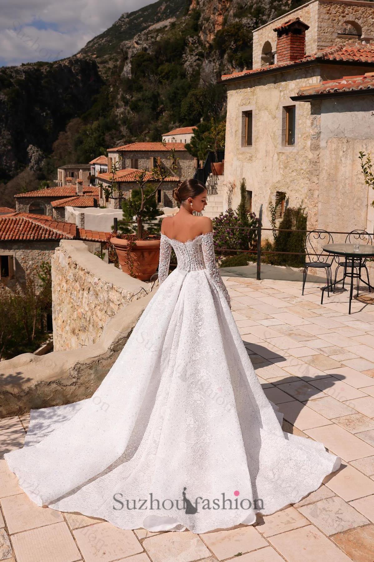 Off The Shoulder Wedding Dress Ball Gown Beaded Lace Appliques Bridal Gown