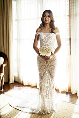 Off The Shouler Sheath Lace Beach Wedding Dresses | See Through Bridal Gowns with Court Train