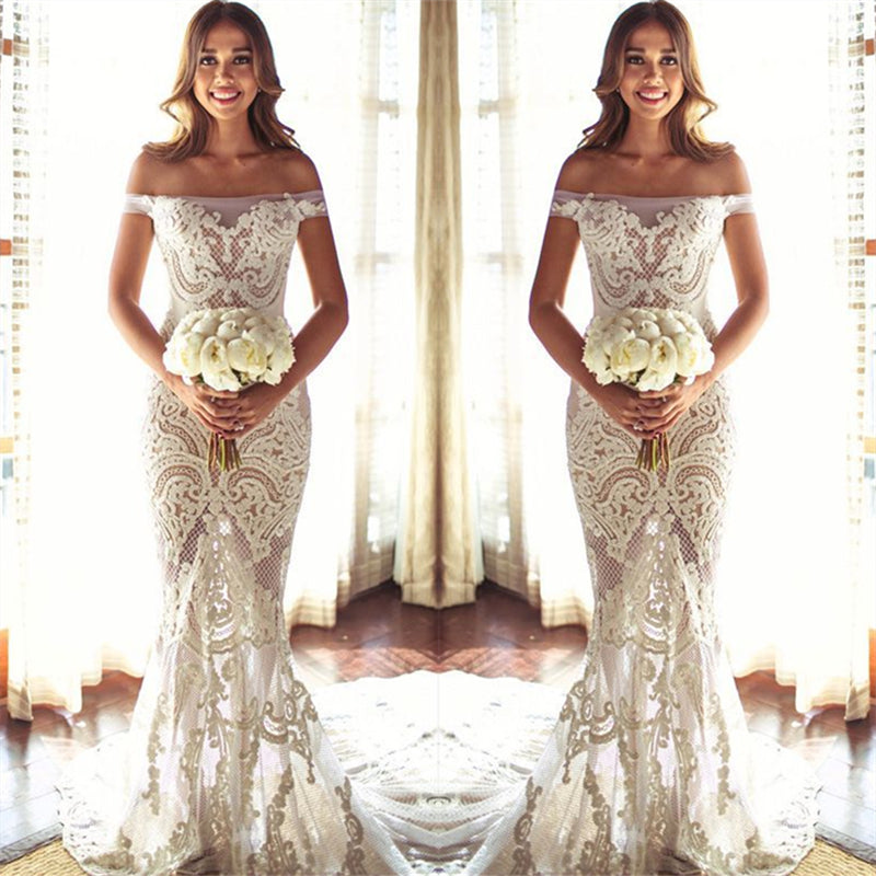 Off The Shouler Sheath Lace Beach Wedding Dresses | See Through Bridal Gowns with Court Train