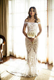 Off The Shouler Sheath Lace Wedding Dresses | See Through Bridal Gowns with Court Train