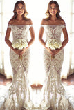 Off The Shouler Sheath Lace Wedding Dresses | See Through Bridal Gowns with Court Train