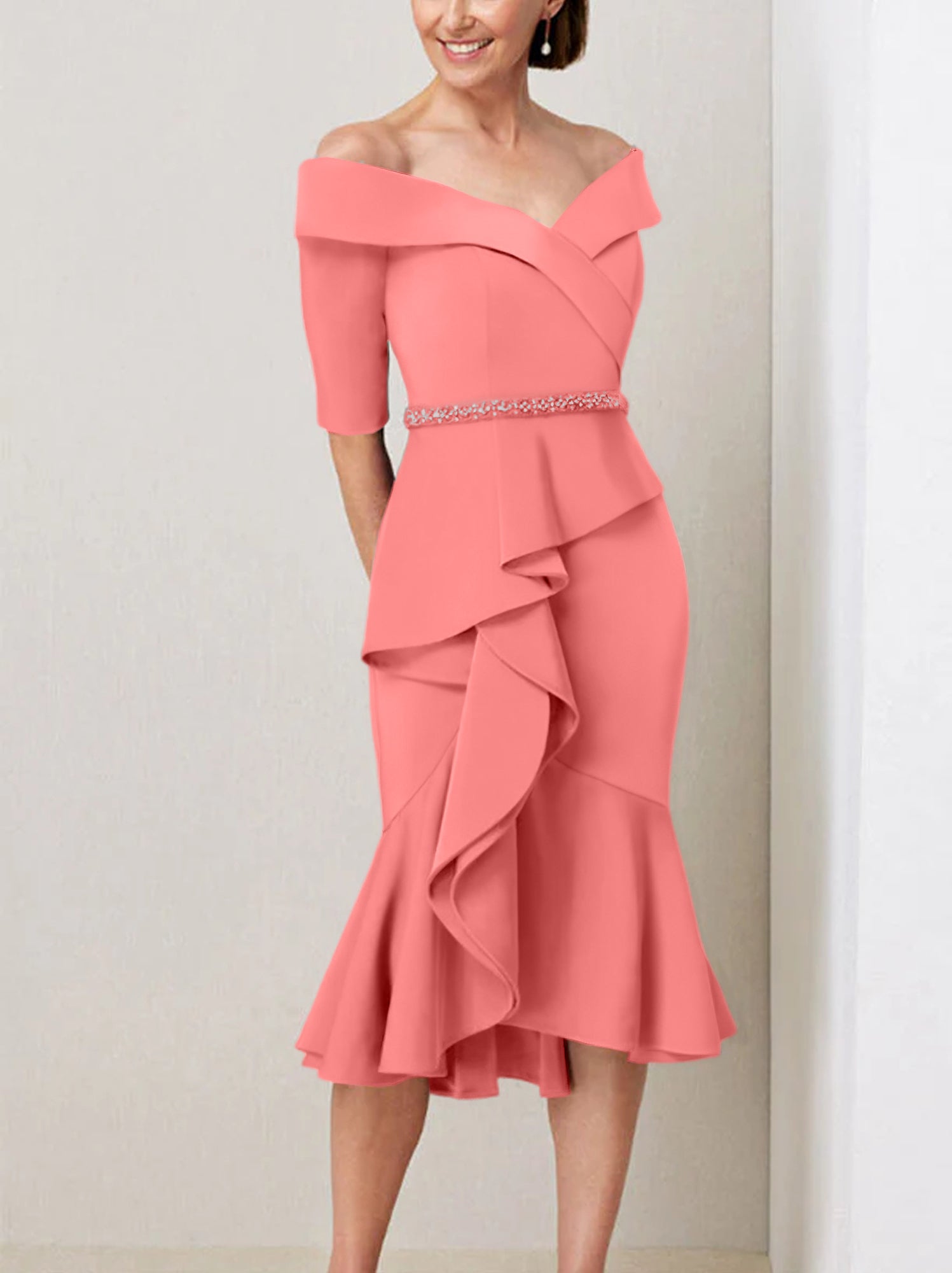 Off the Shoulder Beaded and Ruffled Mother of the Bride Sheath Dress with Half Sleeves