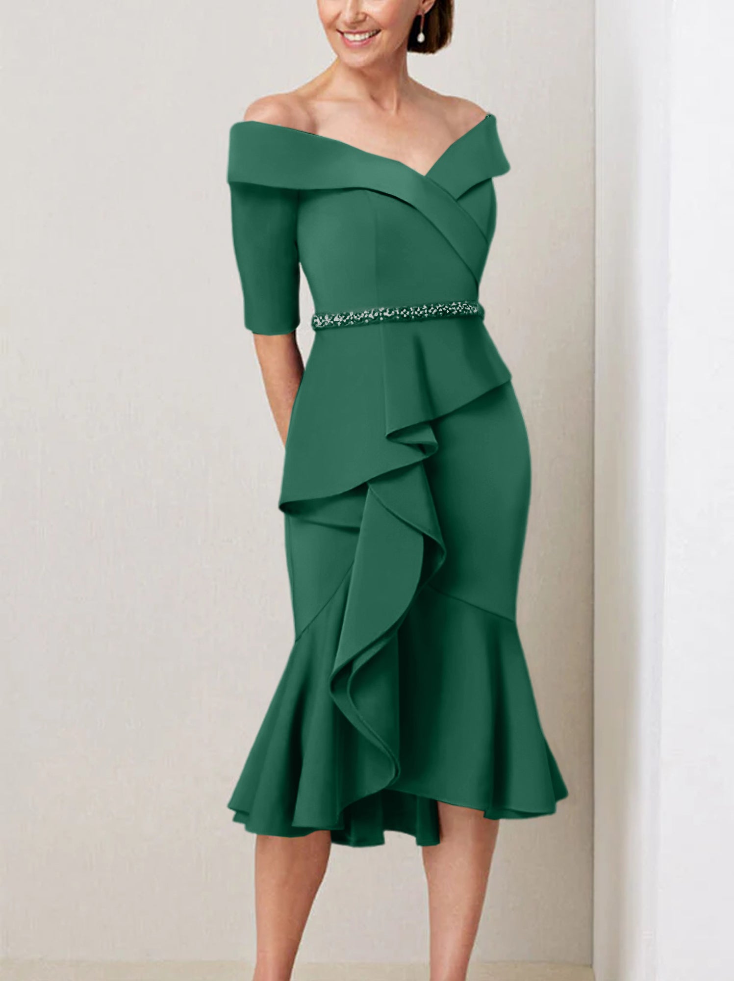 Off the Shoulder Beaded and Ruffled Mother of the Bride Sheath Dress with Half Sleeves