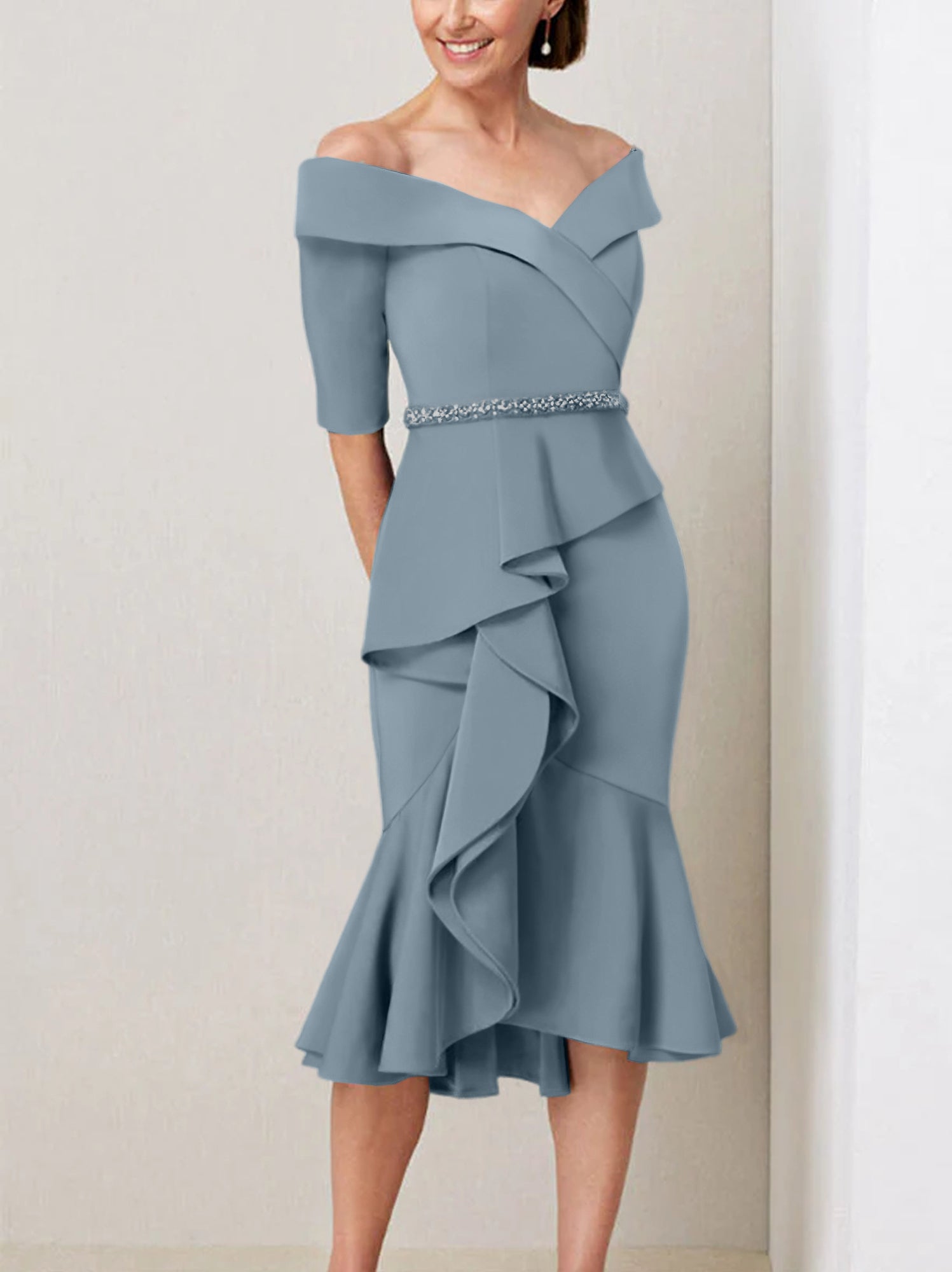 Off the Shoulder Beaded and Ruffled Mother of the Bride Sheath Dress with Half Sleeves