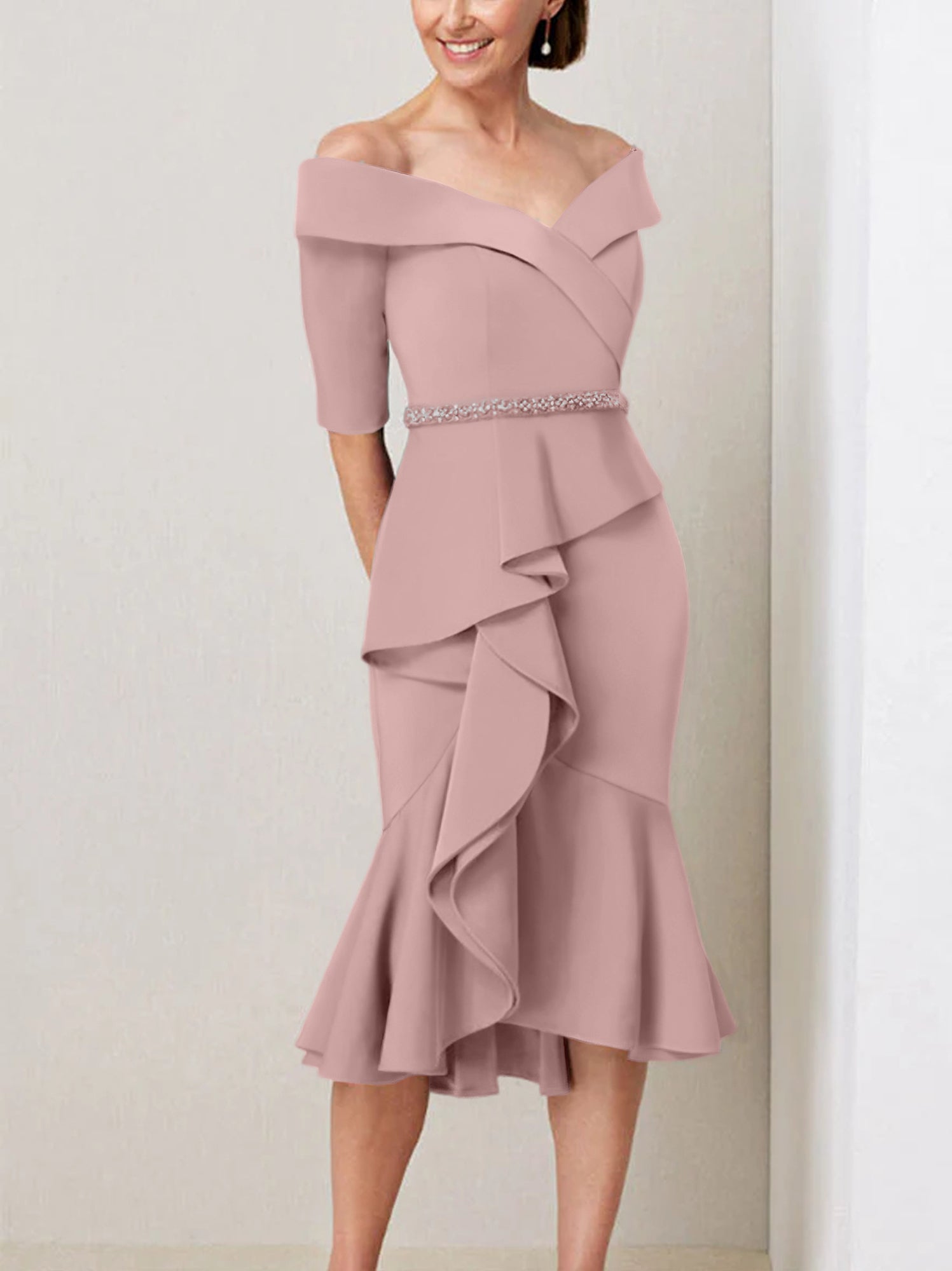 Off the Shoulder Beaded and Ruffled Mother of the Bride Sheath Dress with Half Sleeves