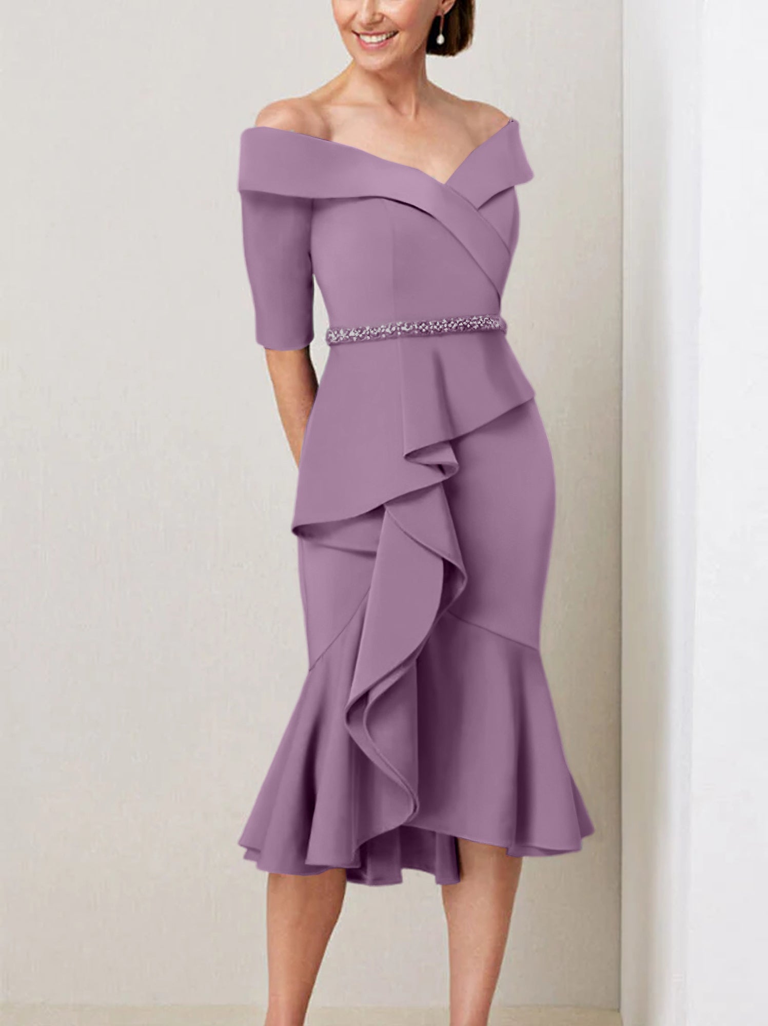 Off the Shoulder Beaded and Ruffled Mother of the Bride Sheath Dress with Half Sleeves