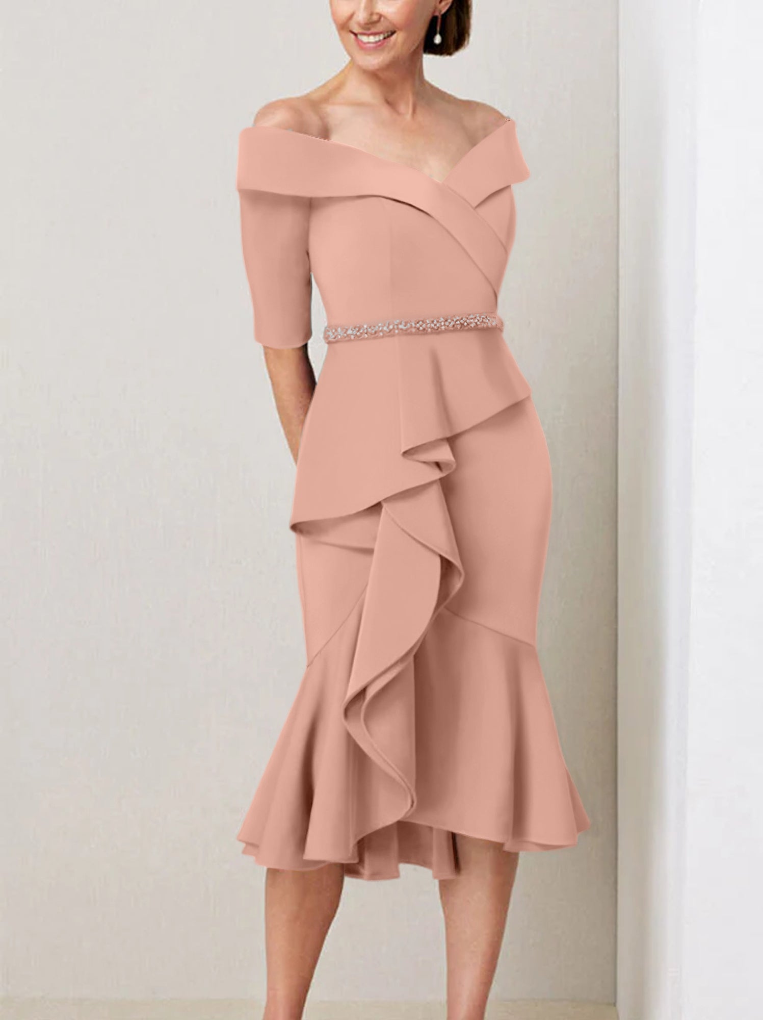 Off the Shoulder Beaded and Ruffled Mother of the Bride Sheath Dress with Half Sleeves