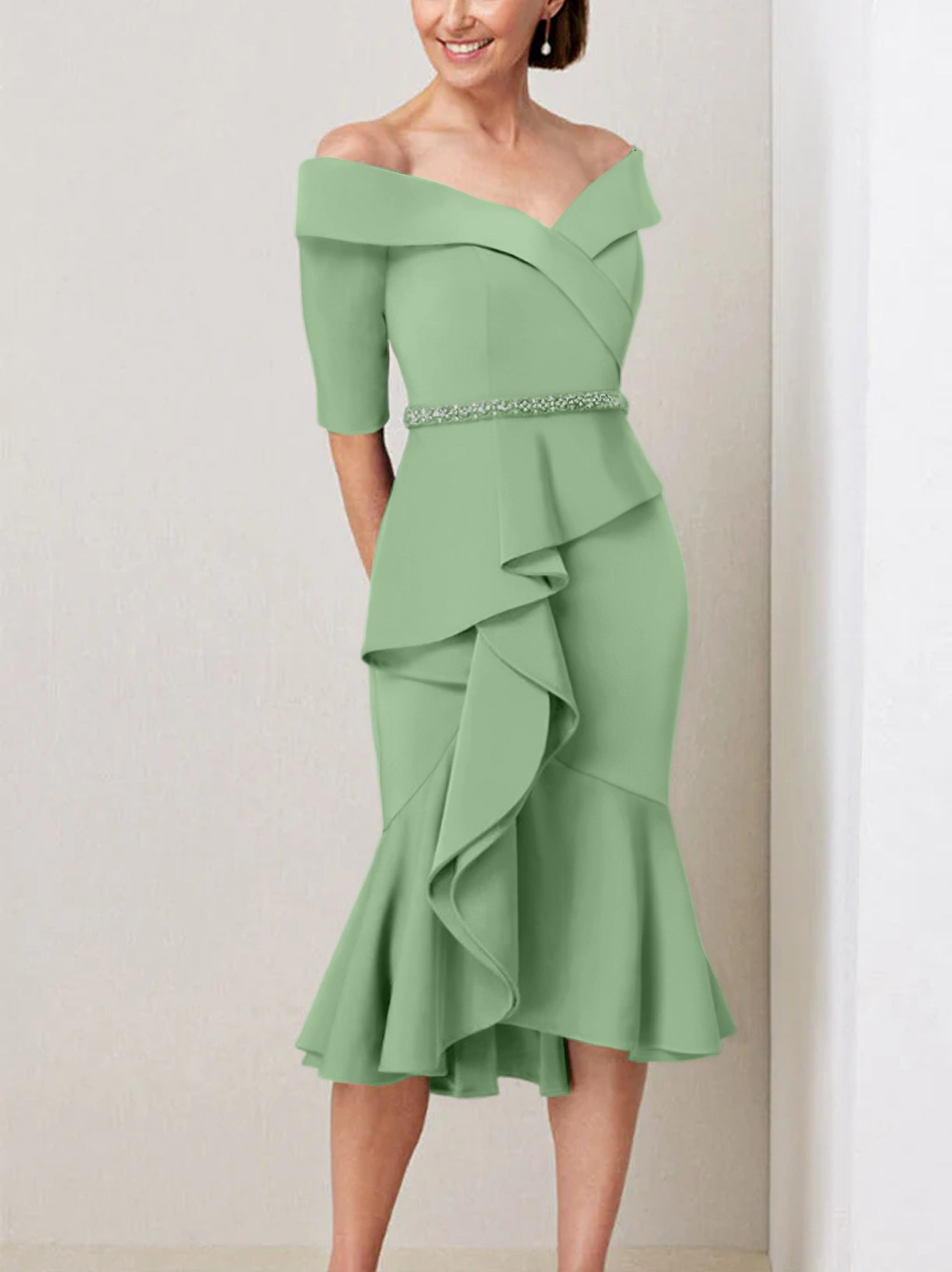 Off the Shoulder Beaded and Ruffled Mother of the Bride Sheath Dress with Half Sleeves