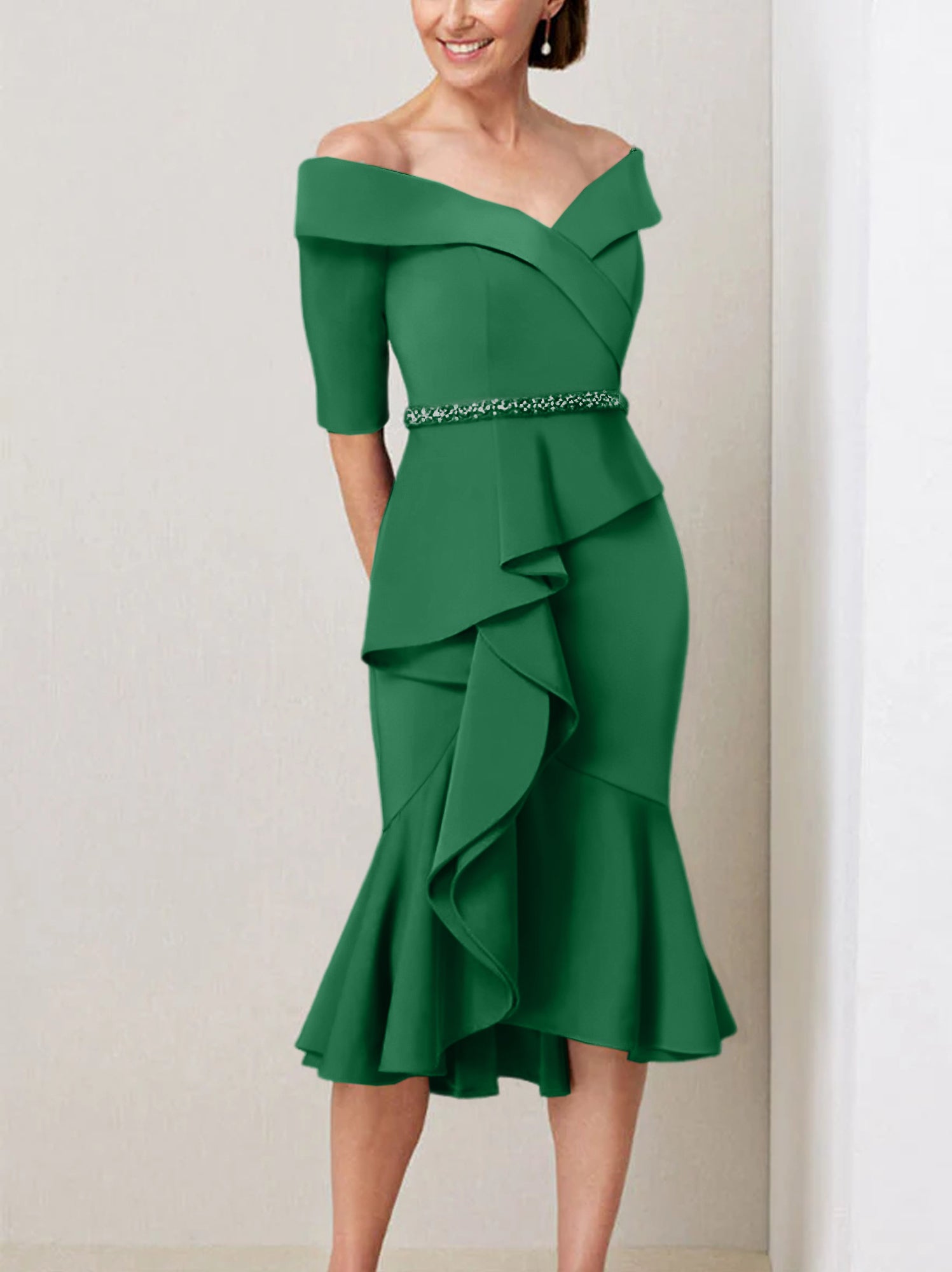 Off the Shoulder Beaded and Ruffled Mother of the Bride Sheath Dress with Half Sleeves