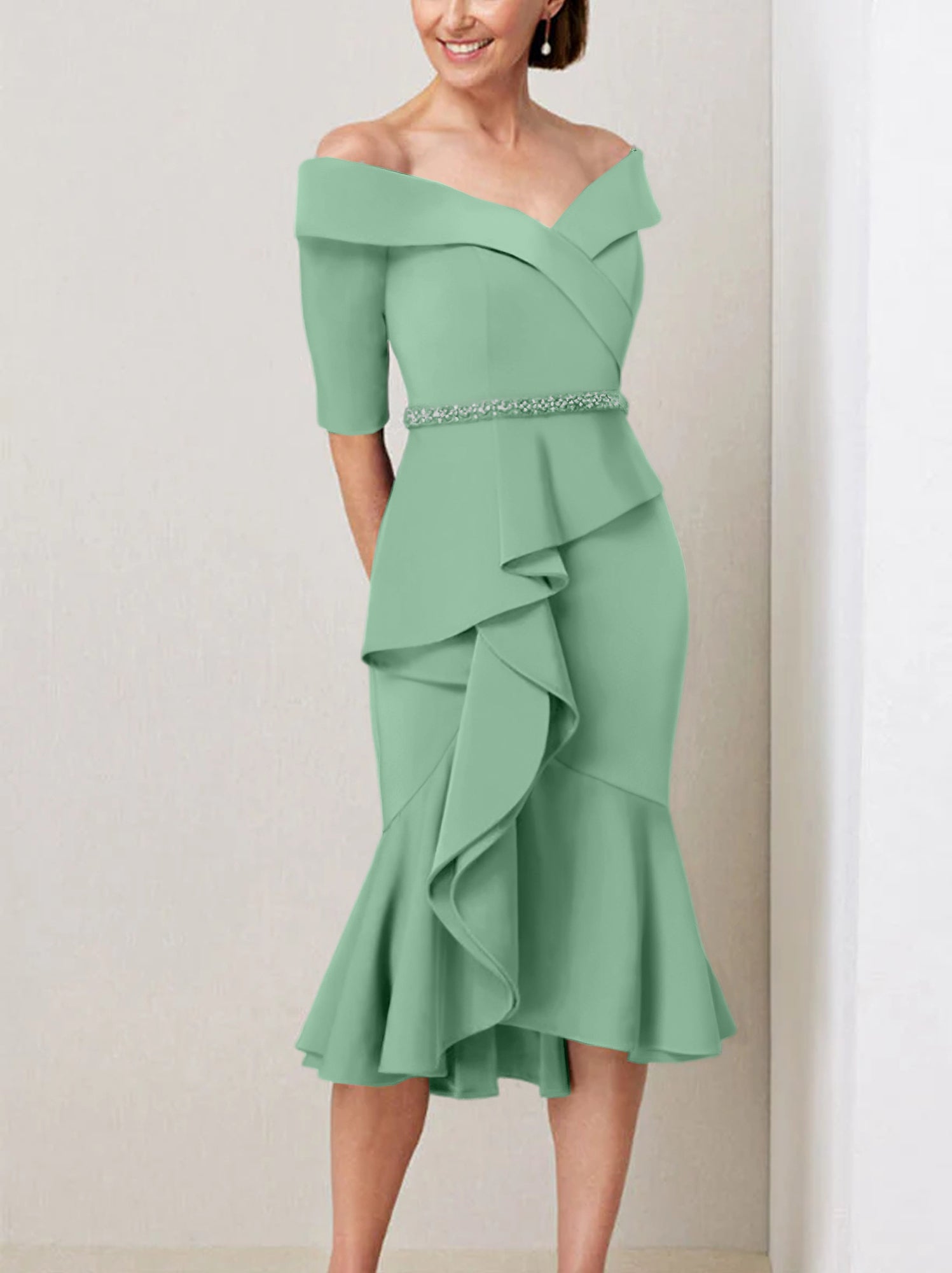 Off the Shoulder Beaded and Ruffled Mother of the Bride Sheath Dress with Half Sleeves