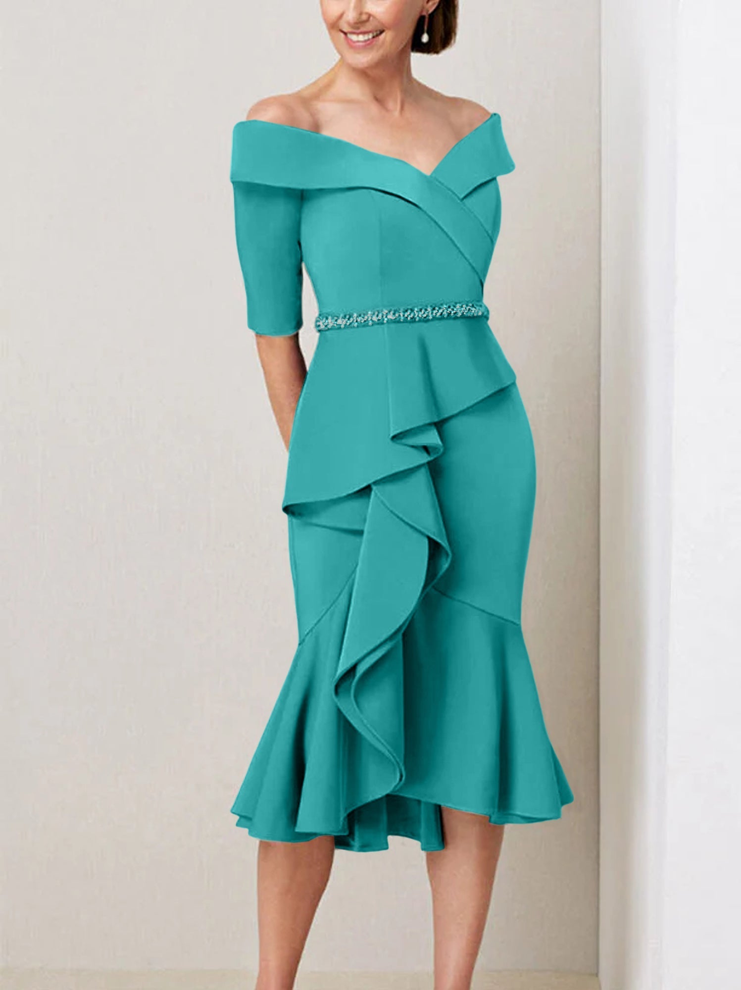 Off the Shoulder Beaded and Ruffled Mother of the Bride Sheath Dress with Half Sleeves