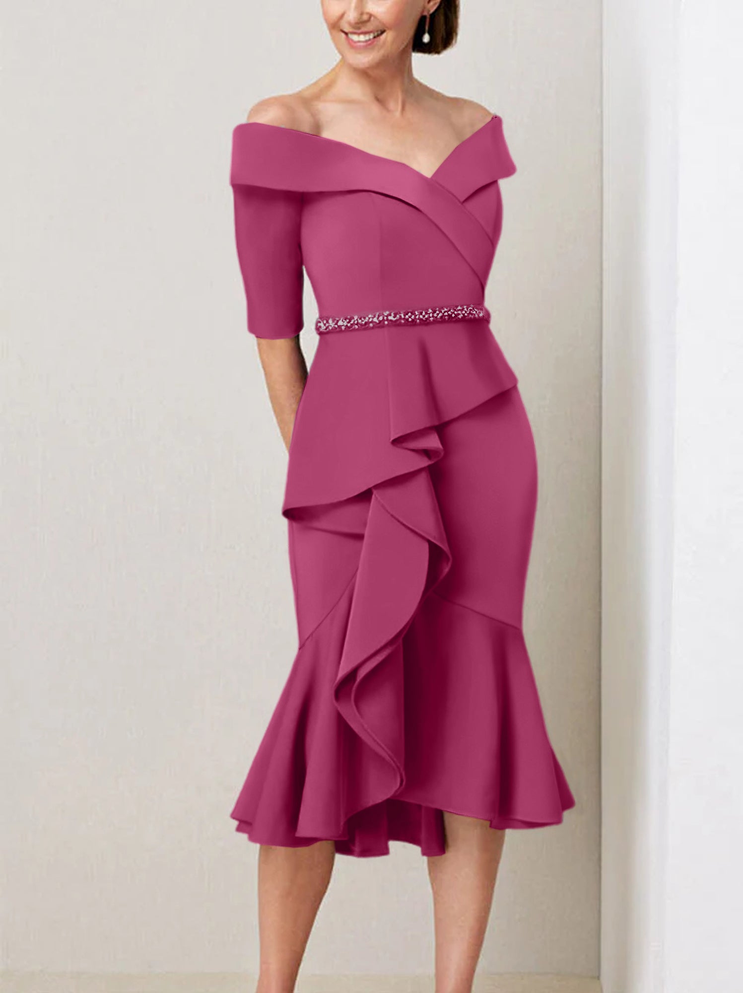 Off the Shoulder Beaded and Ruffled Mother of the Bride Sheath Dress with Half Sleeves