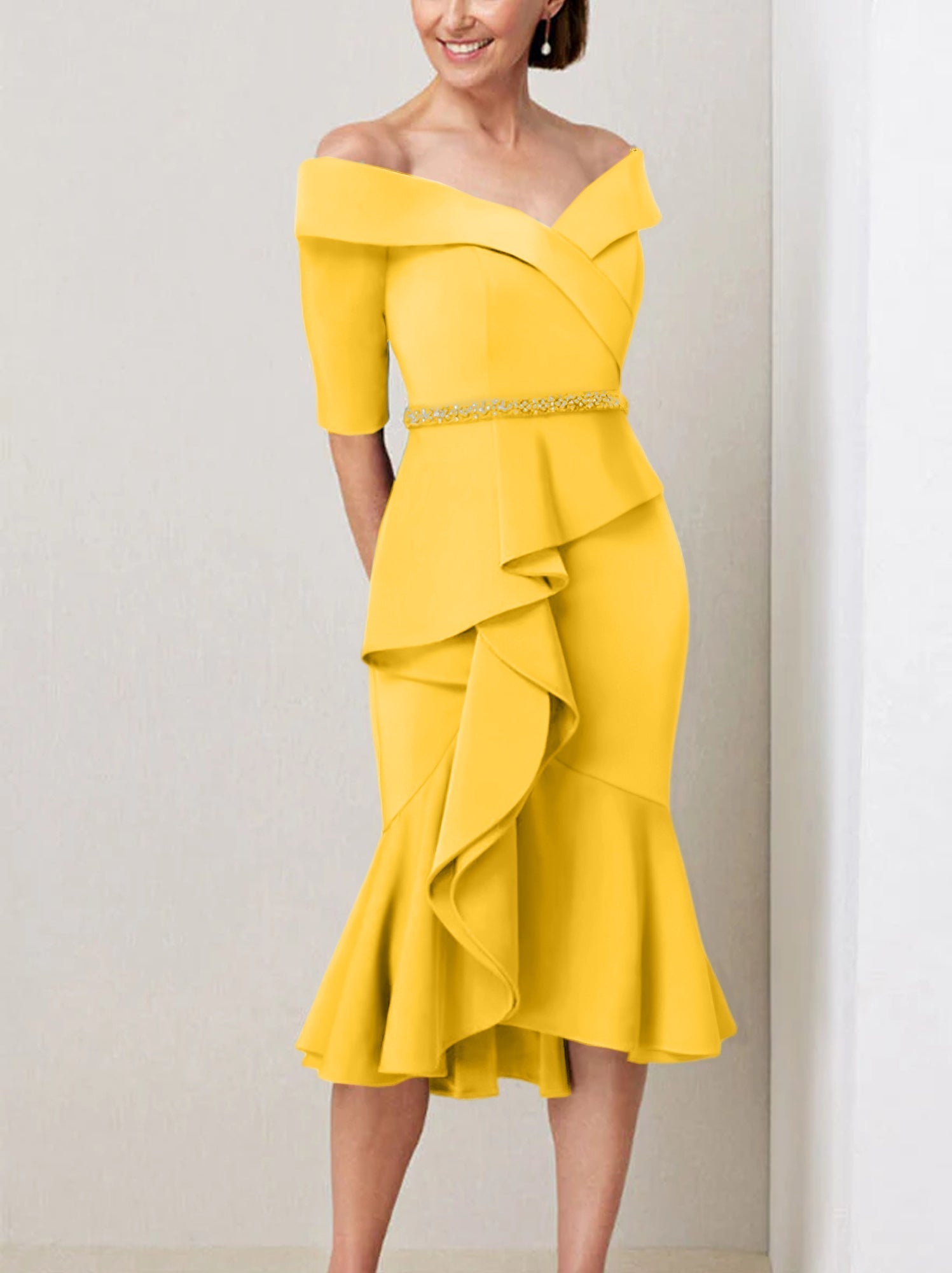 Off the Shoulder Beaded and Ruffled Mother of the Bride Sheath Dress with Half Sleeves
