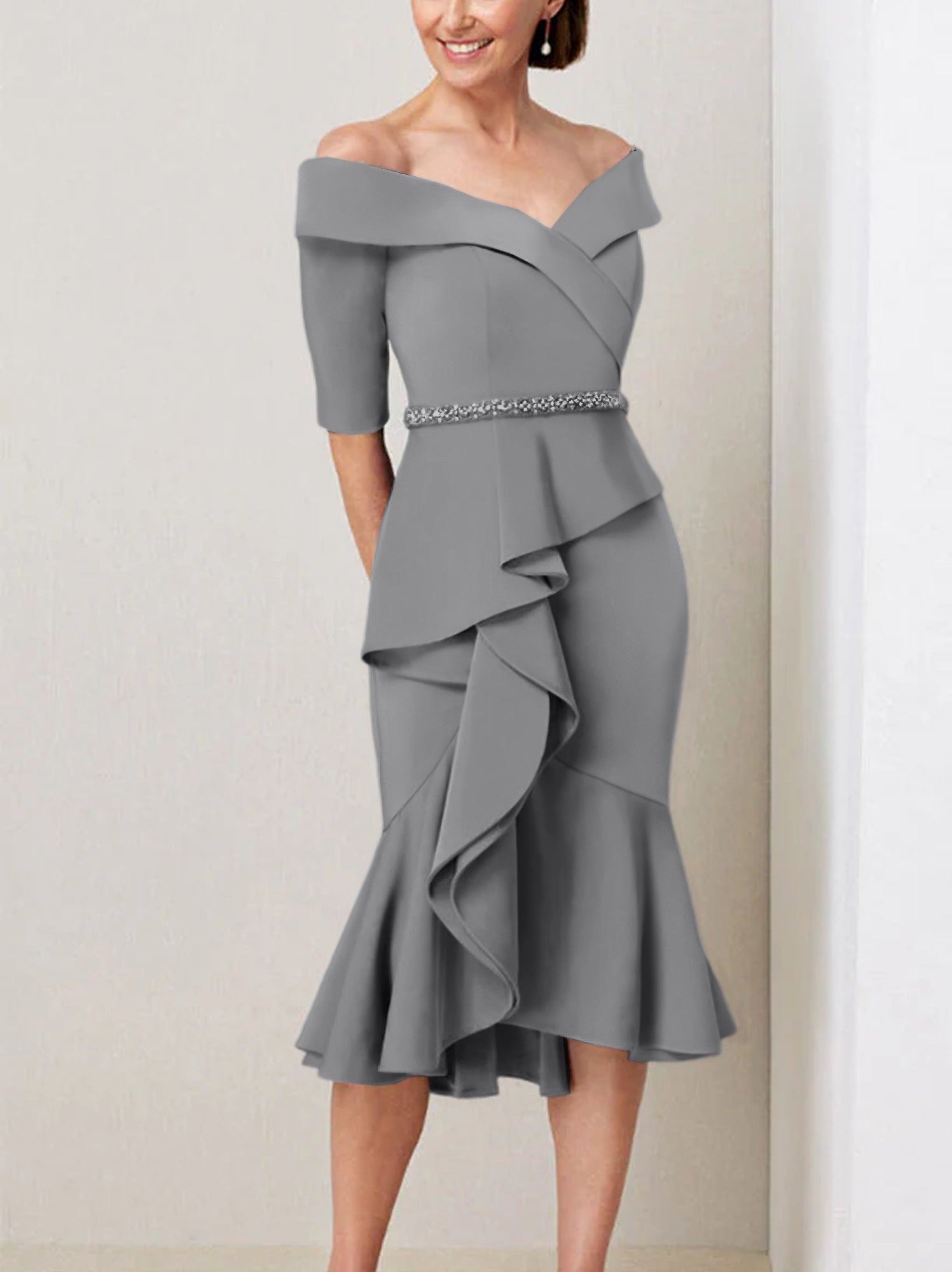 Off the Shoulder Beaded and Ruffled Mother of the Bride Sheath Dress with Half Sleeves