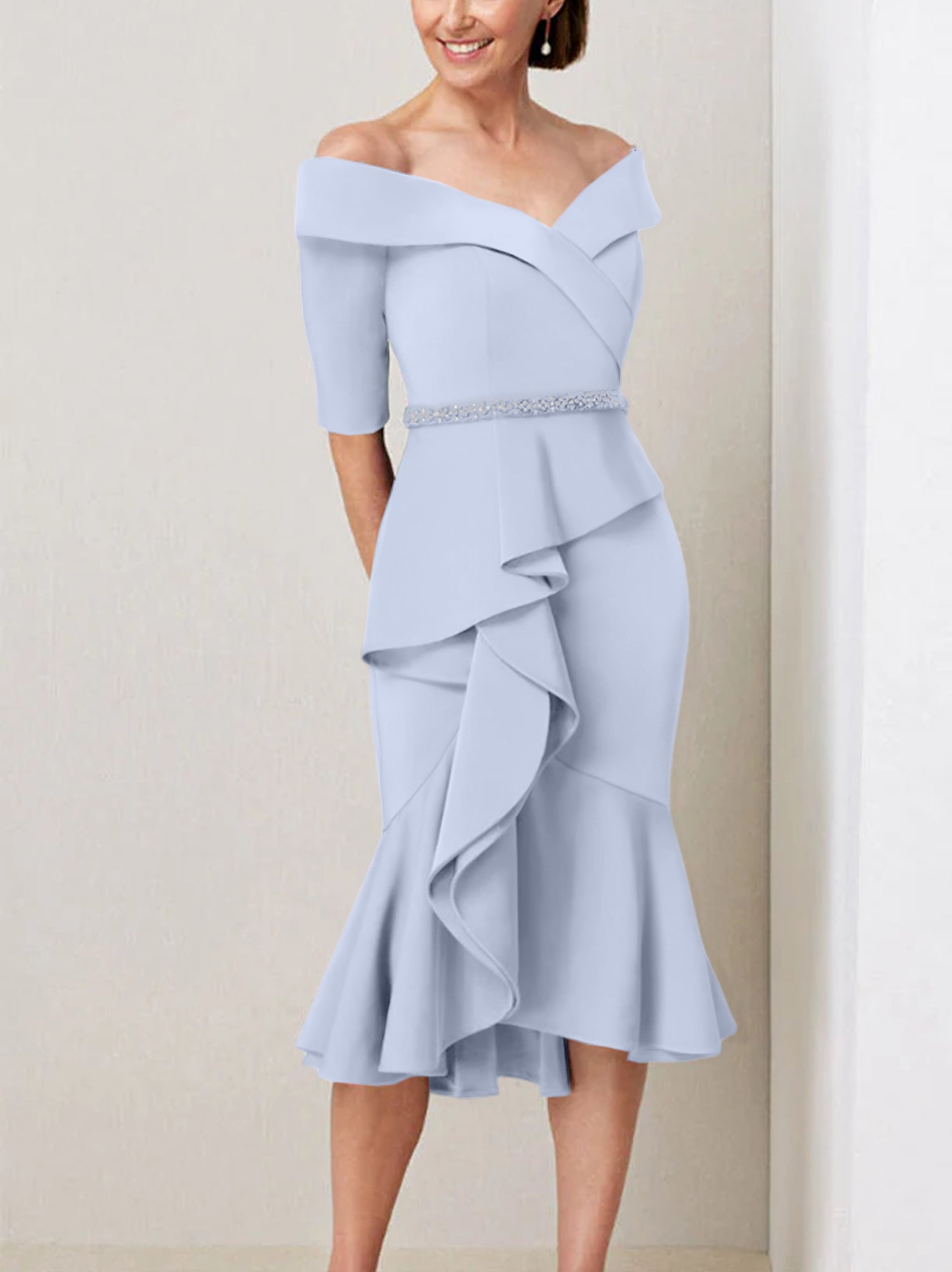 Off the Shoulder Beaded and Ruffled Mother of the Bride Sheath Dress with Half Sleeves