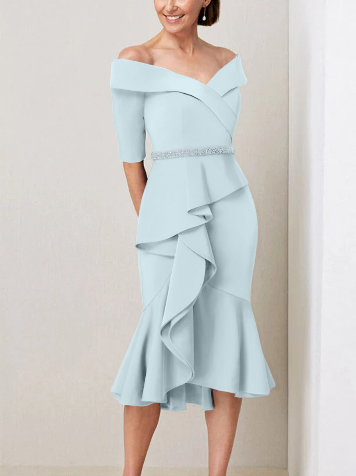 Off the Shoulder Beaded and Ruffled Mother of the Bride Sheath Dress with Half Sleeves