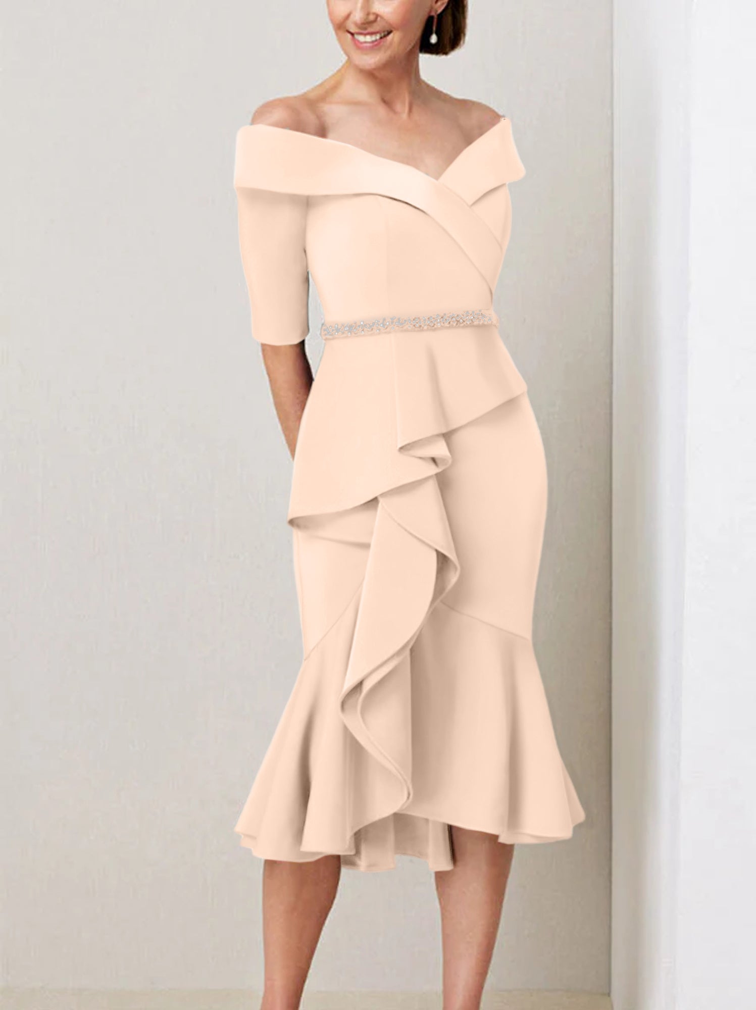 Off the Shoulder Beaded and Ruffled Mother of the Bride Sheath Dress with Half Sleeves