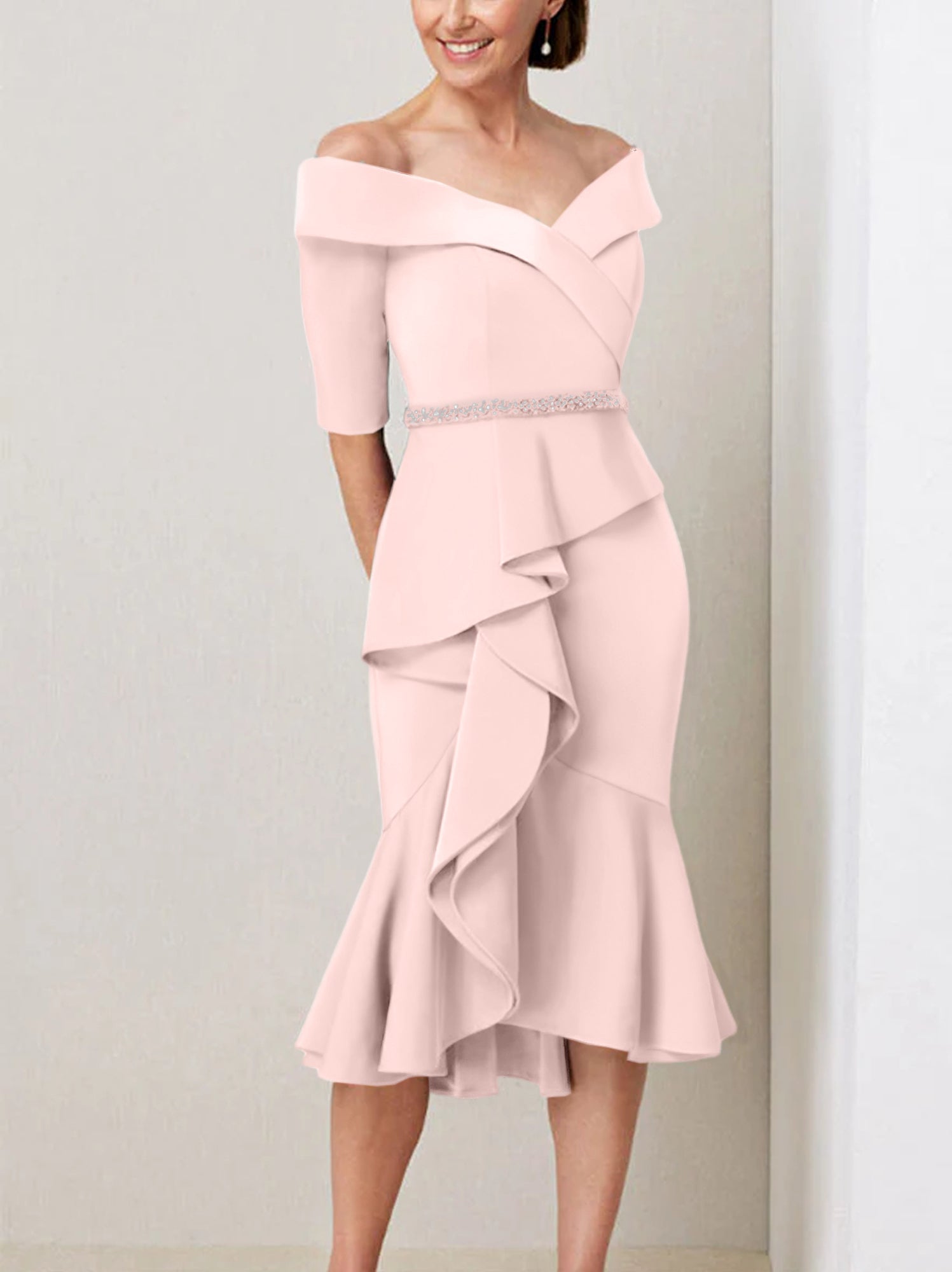 Off the Shoulder Beaded and Ruffled Mother of the Bride Sheath Dress with Half Sleeves