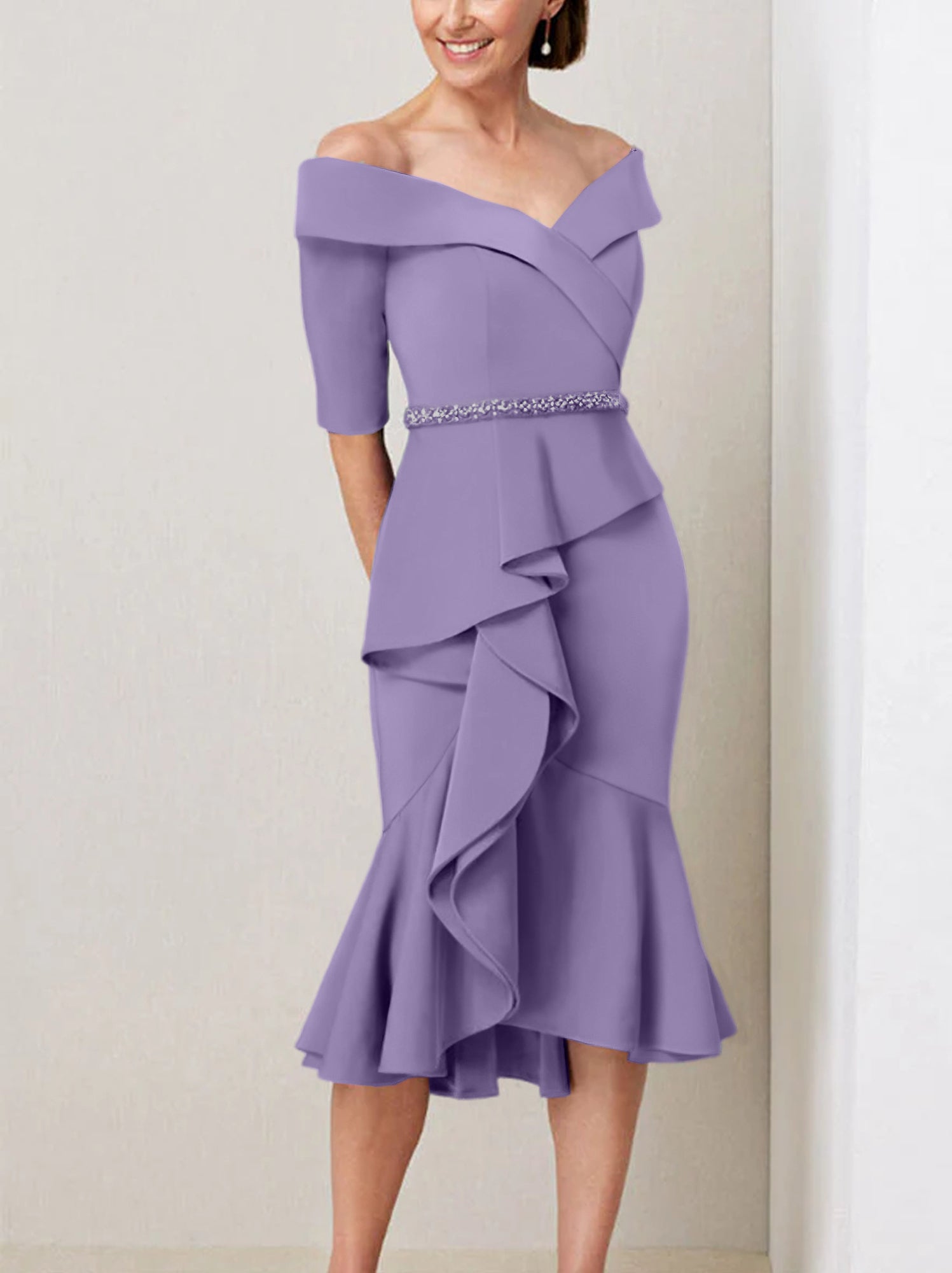 Off the Shoulder Beaded and Ruffled Mother of the Bride Sheath Dress with Half Sleeves