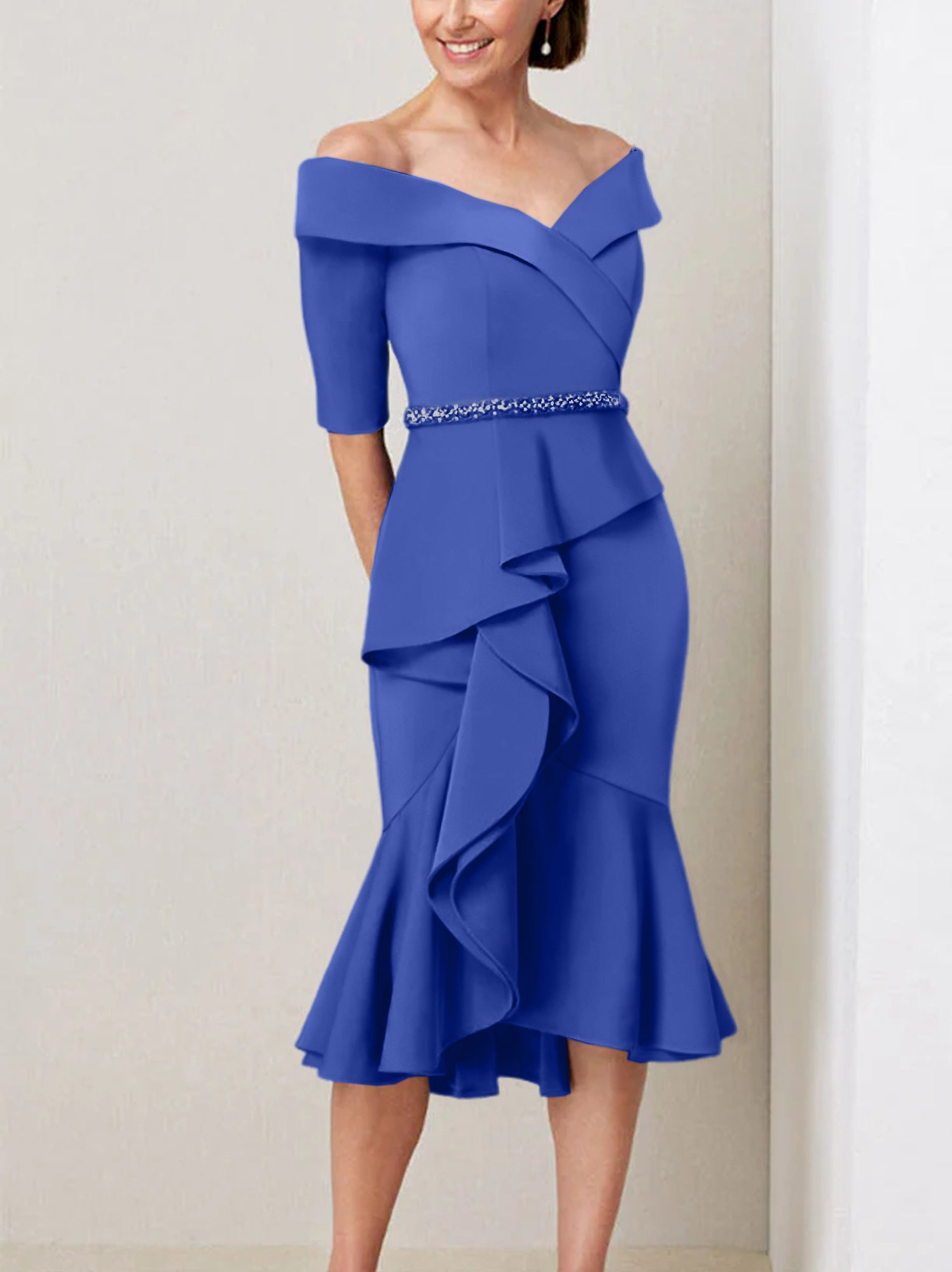Off the Shoulder Beaded and Ruffled Mother of the Bride Sheath Dress with Half Sleeves