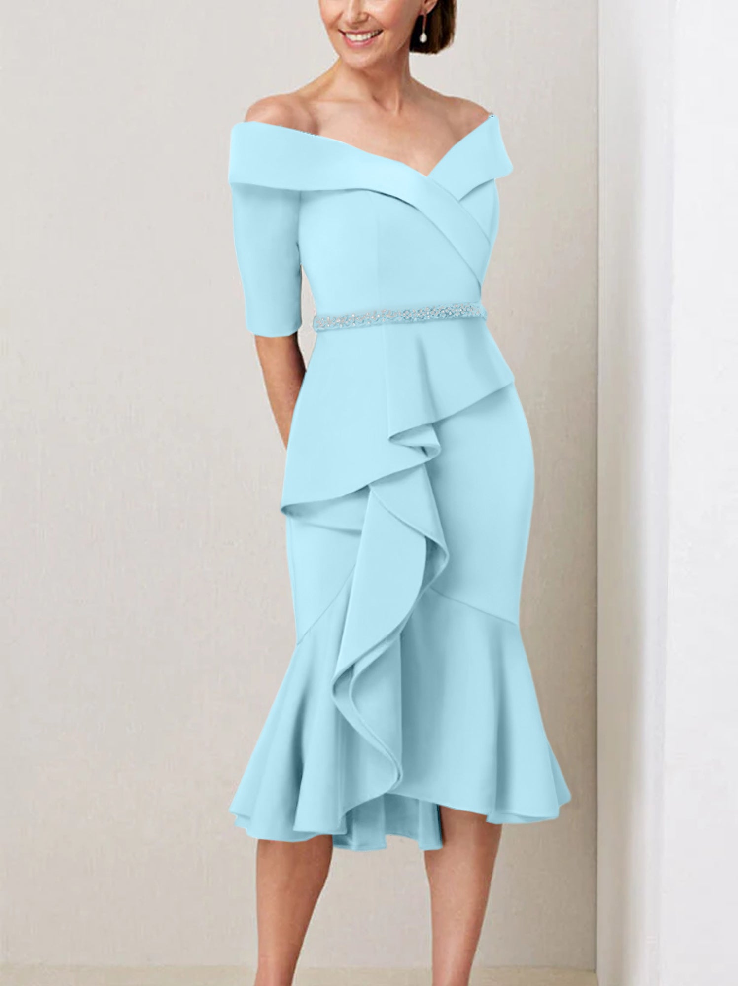 Off the Shoulder Beaded and Ruffled Mother of the Bride Sheath Dress with Half Sleeves