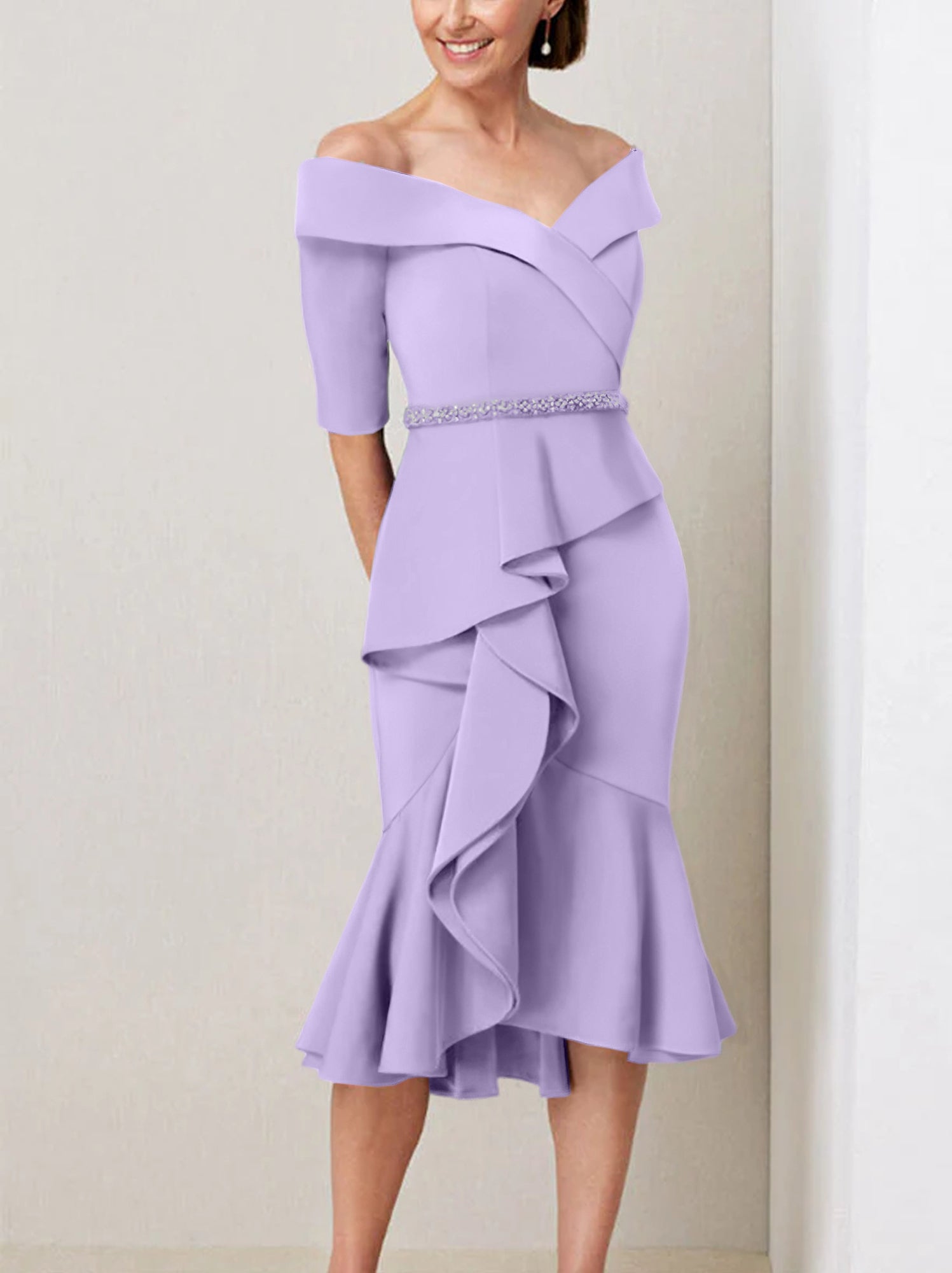 Off the Shoulder Beaded and Ruffled Mother of the Bride Sheath Dress with Half Sleeves
