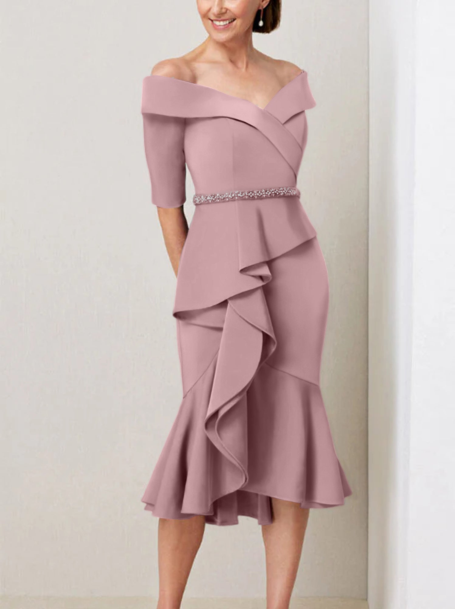Off the Shoulder Beaded and Ruffled Mother of the Bride Sheath Dress with Half Sleeves