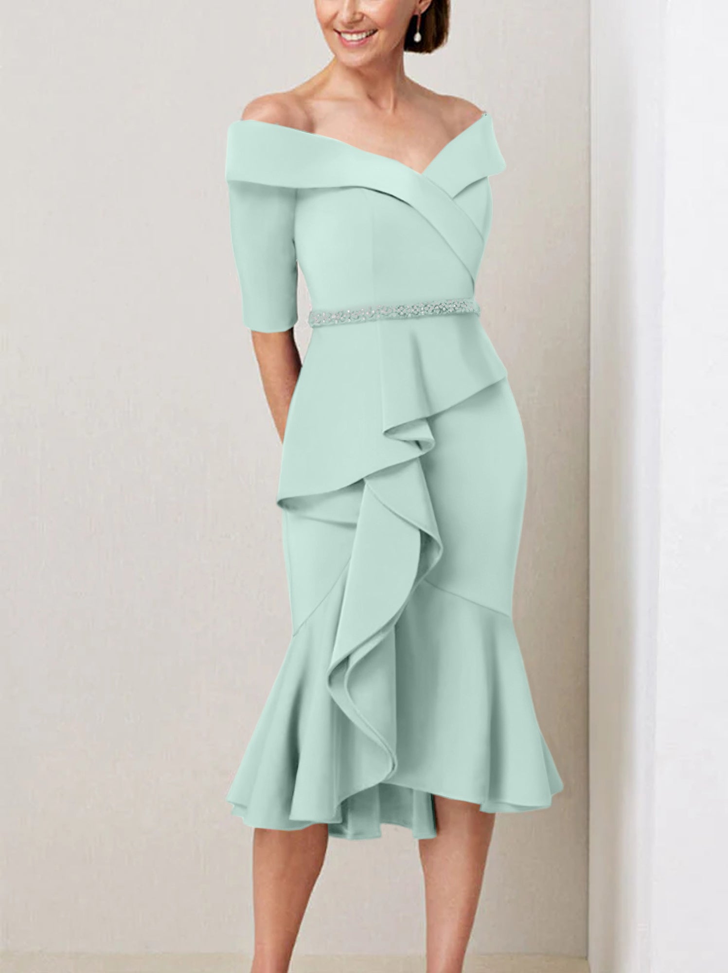Off the Shoulder Beaded and Ruffled Mother of the Bride Sheath Dress with Half Sleeves