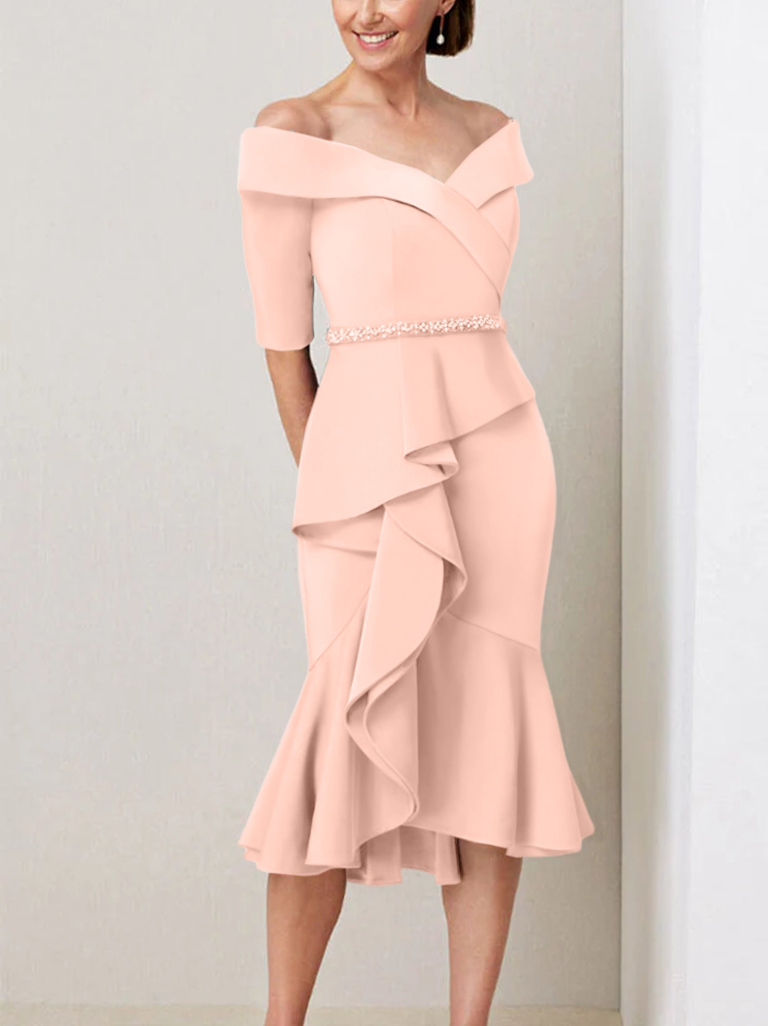 Off the Shoulder Beaded and Ruffled Mother of the Bride Sheath Dress with Half Sleeves