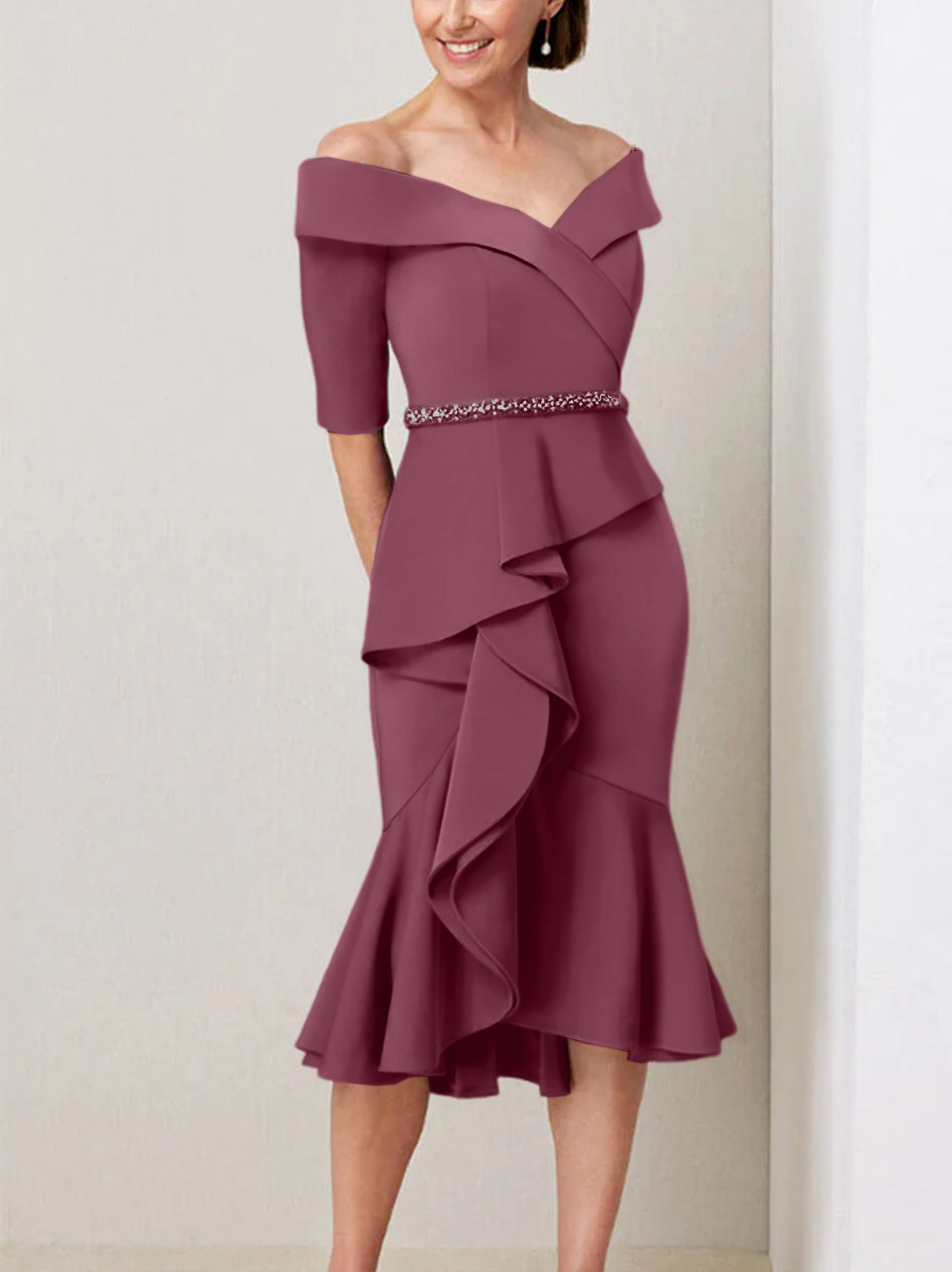 Off the Shoulder Beaded and Ruffled Mother of the Bride Sheath Dress with Half Sleeves