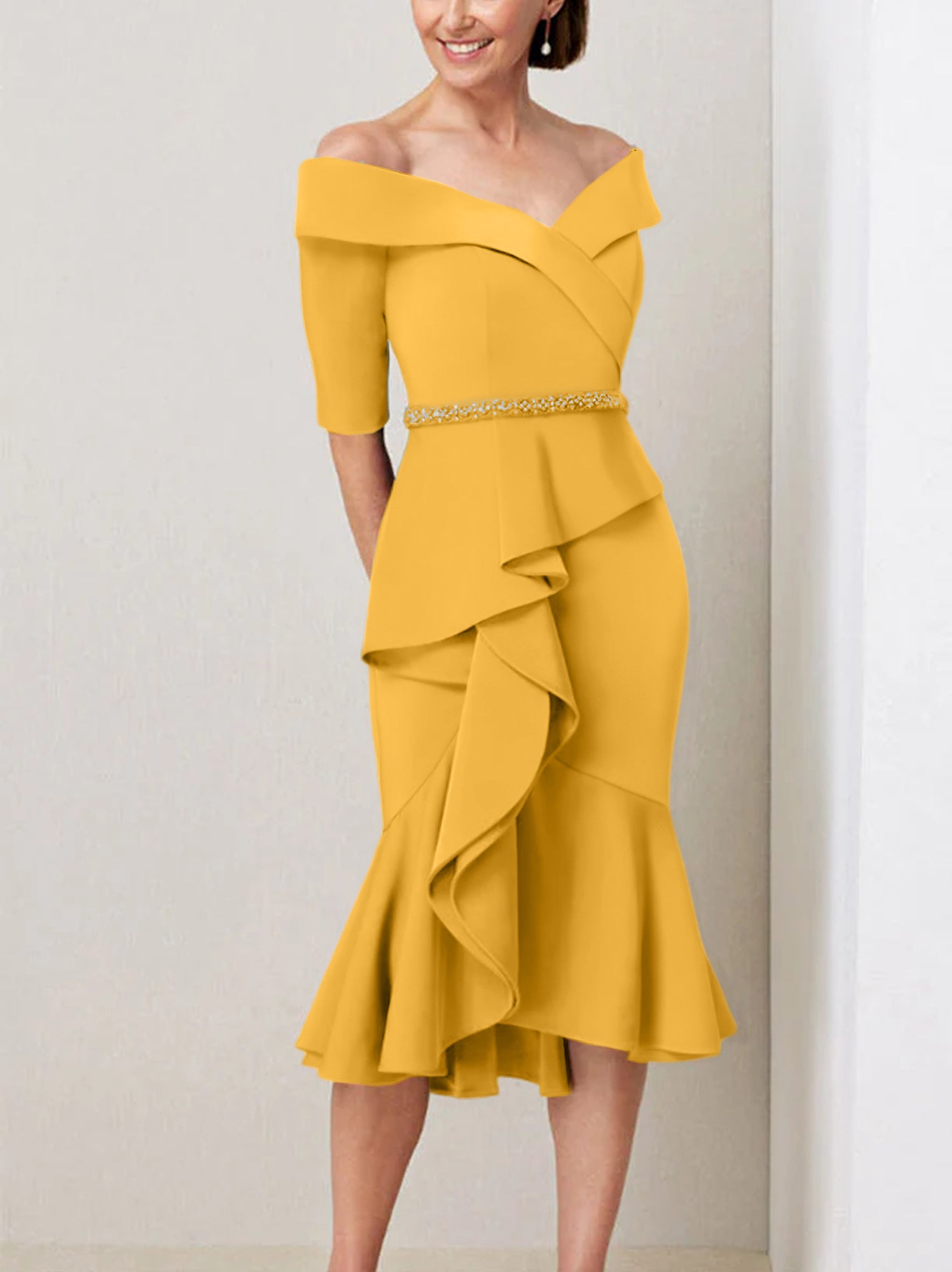 Off the Shoulder Beaded and Ruffled Mother of the Bride Sheath Dress with Half Sleeves