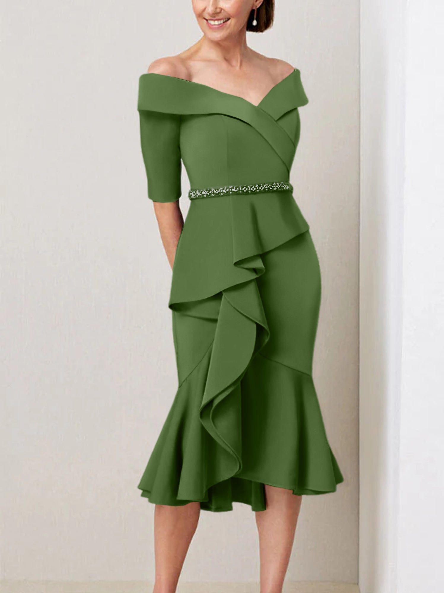 Off the Shoulder Beaded and Ruffled Mother of the Bride Sheath Dress with Half Sleeves
