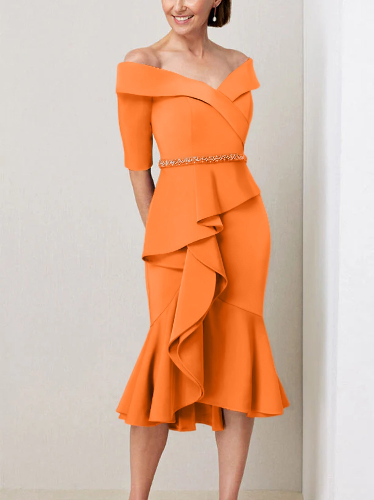 Off the Shoulder Beaded and Ruffled Mother of the Bride Sheath Dress with Half Sleeves