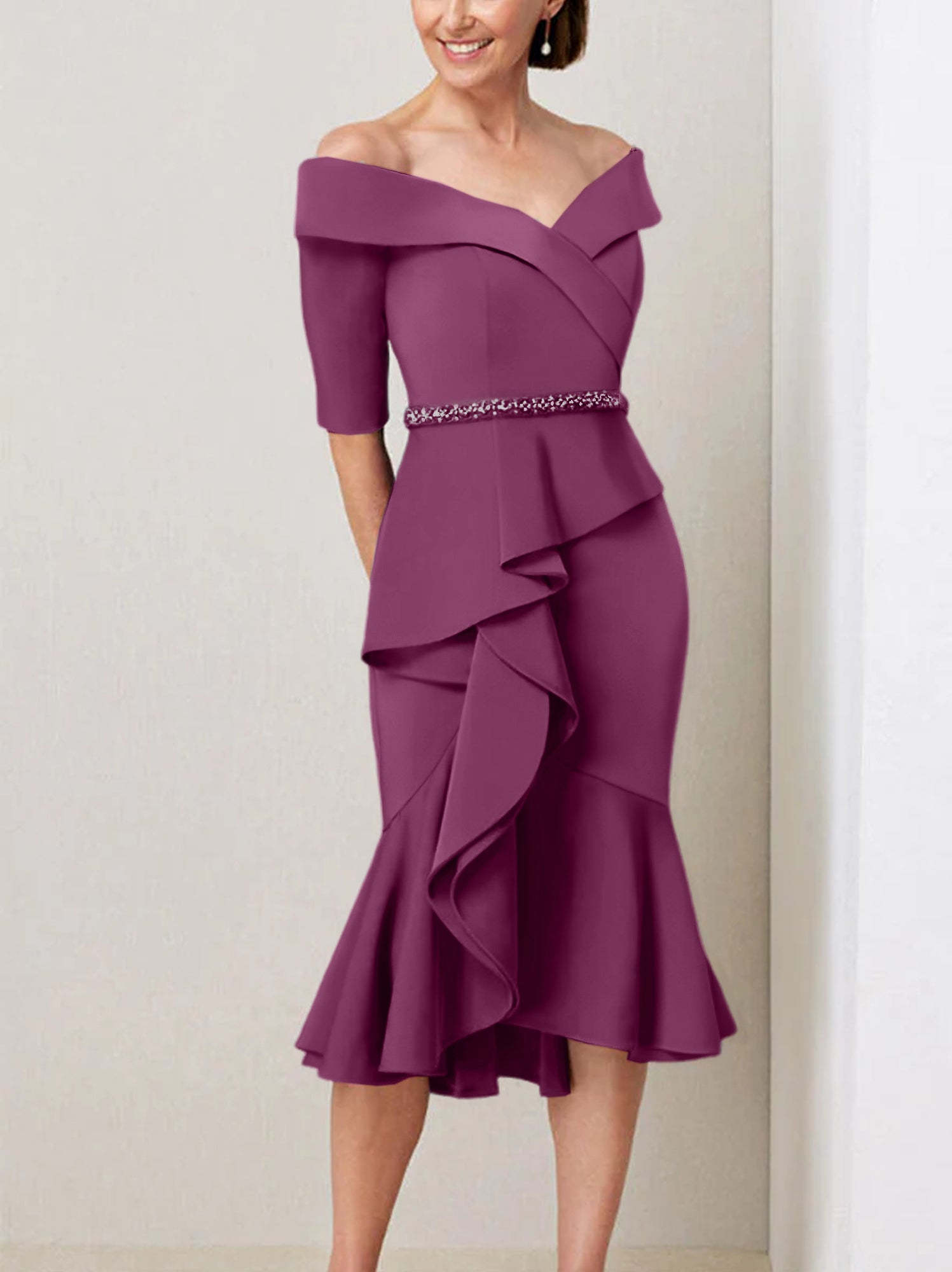 Off the Shoulder Beaded and Ruffled Mother of the Bride Sheath Dress with Half Sleeves